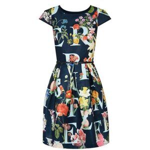 Ted Baker London Alphabet Ditsy Skater Dress Size 0/XS Floral Fit & Flare Navy